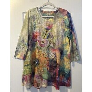 Et Lois Womens Tunic Soft Knit Top XL Floral Watercolor Lightweight 3/4 Sleeve